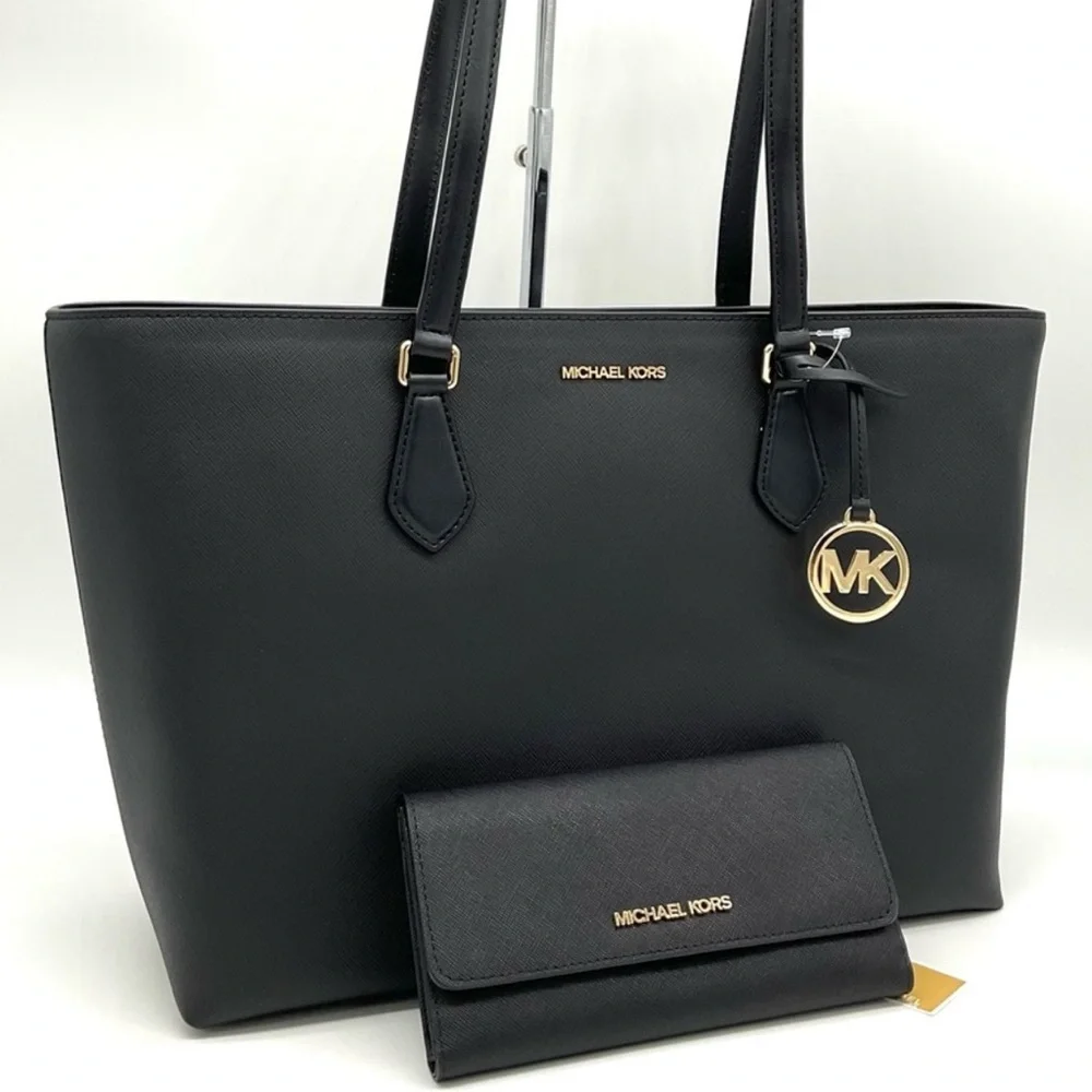 Michael Kors Bag Large Sheila Mf Tote Bag & Large Trifold Wallet Black/Gold - Picture 1 of 14